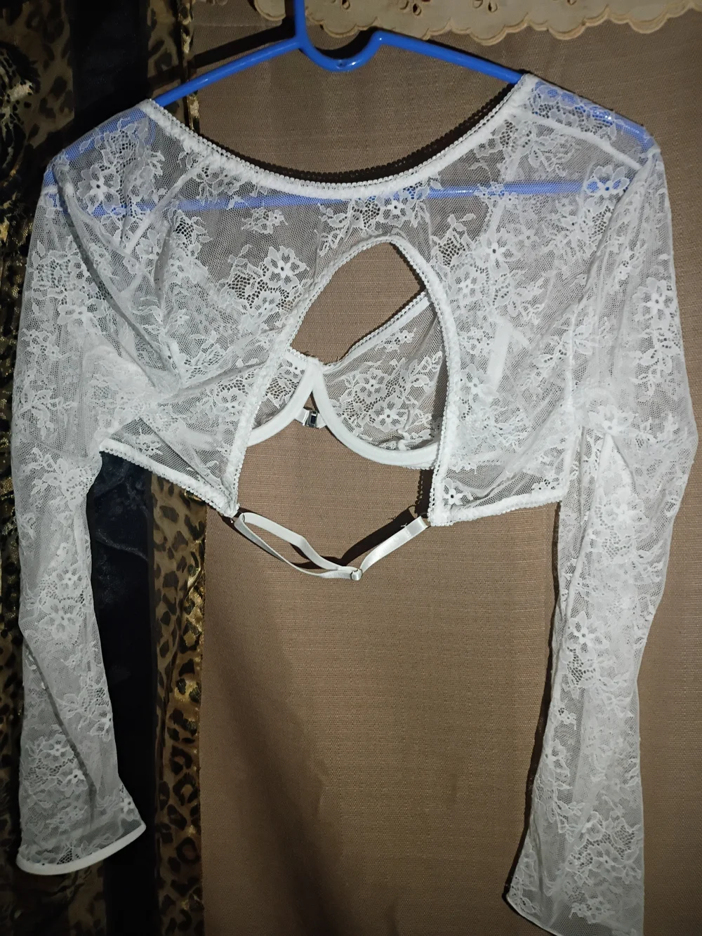 Sheer White Lace Long-Sleeve  Bandeau Shrug Lingerie Outfit Set/Skirt/Panties